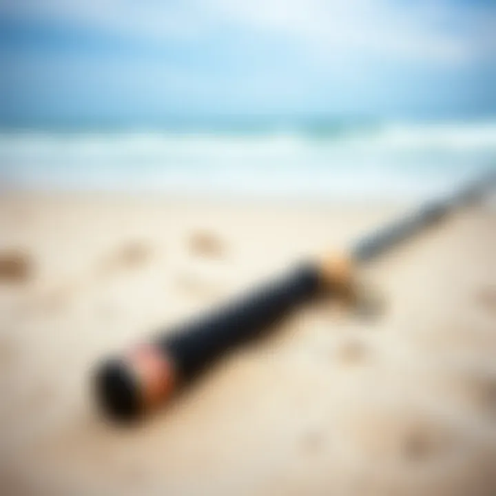 15 Ft Surf Casting Rod on the Beach A close-up view of a high-quality 15 ft surf casting rod on a sandy beach.