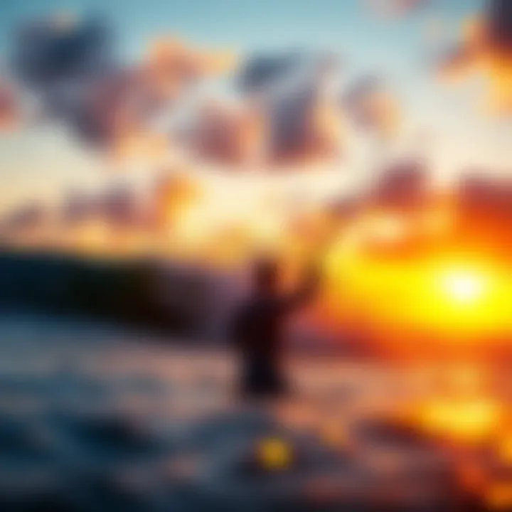 Casting a 15 Ft Surf Rod at Sunrise An angler casting a 15 ft surf rod into the ocean waves during sunrise.