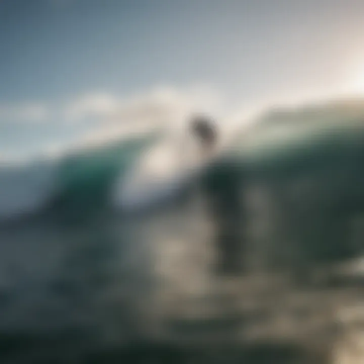 A group of surfers enjoying a wave together, showcasing camaraderie