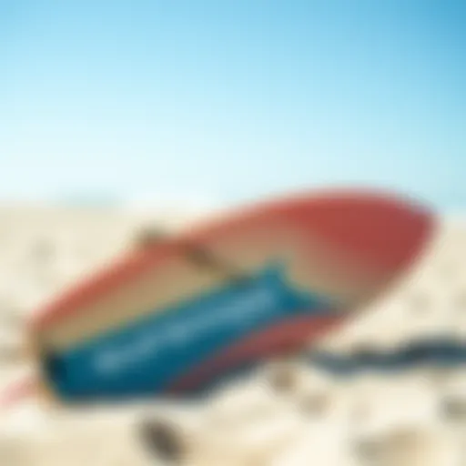 Vibrant Skimboard on the Beach A vibrant skimboard resting on the beach sand under clear blue skies