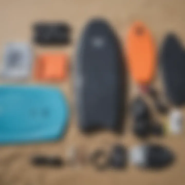 An array of body board equipment and accessories laid out for selection