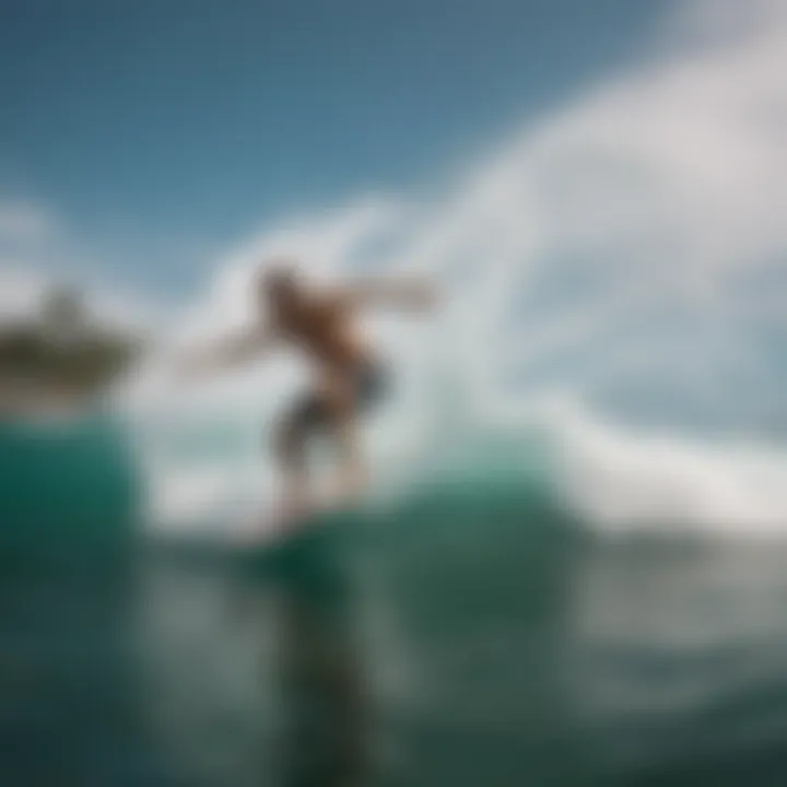 An expert skimboarder performing tricks on a wave, demonstrating skill and the performance of the equipment.