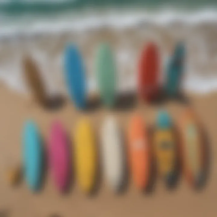 A vibrant collection of skimboards displayed on the beach, showcasing various designs and colors.