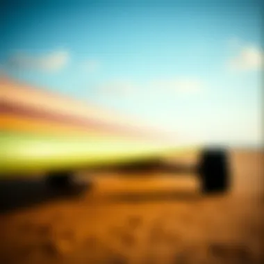 A side view of a longboard deck highlighting its flexibility and construction materials