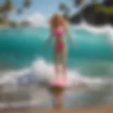 Barbie surfing on a vibrant beach