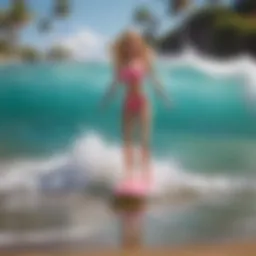 Barbie surfing on a vibrant beach