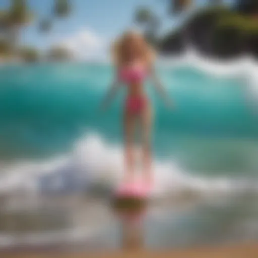 Barbie surfing on a vibrant beach