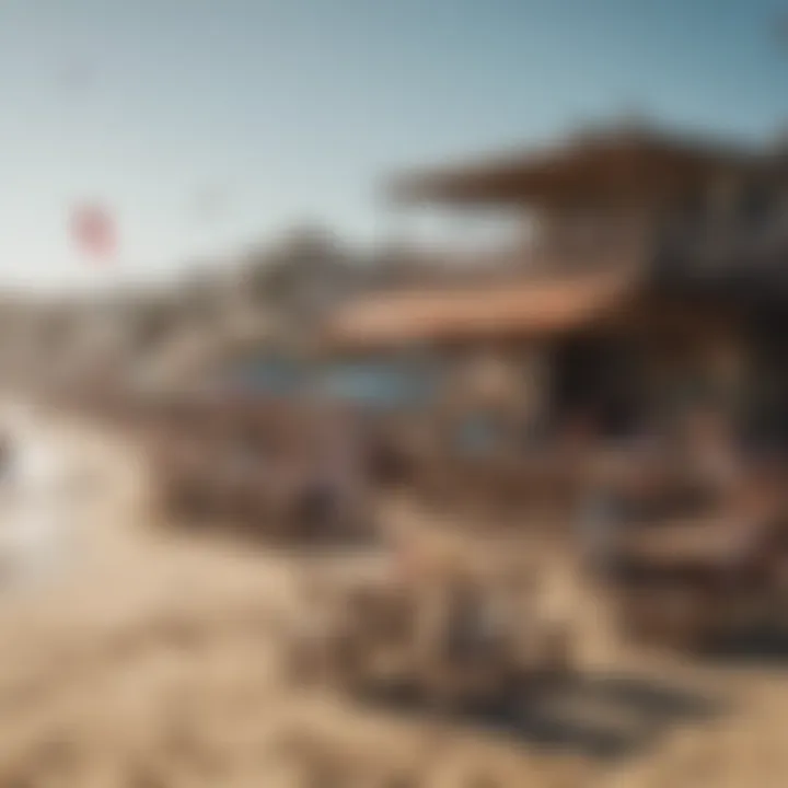 A bustling beach café with kite surfers in the background