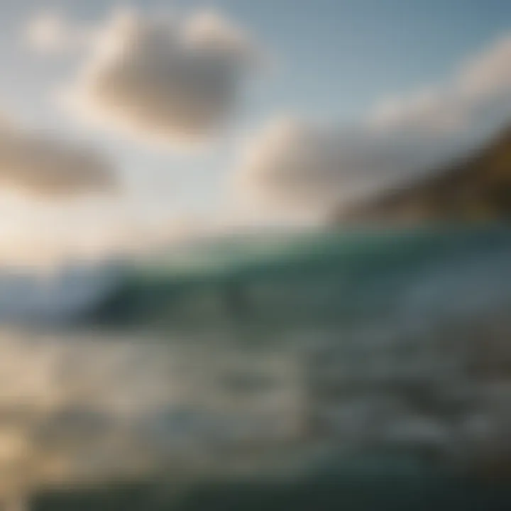 A picturesque beach scene with surfers enjoying the waves, emphasizing the role of wind devices in enhancing the experience.