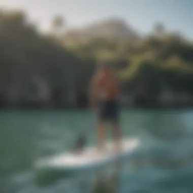 A paddle boarder practicing techniques in calm waters