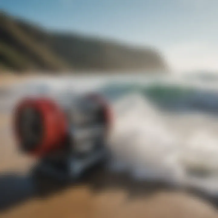 Surf winch in action on a surf beach with riders enjoying the waves