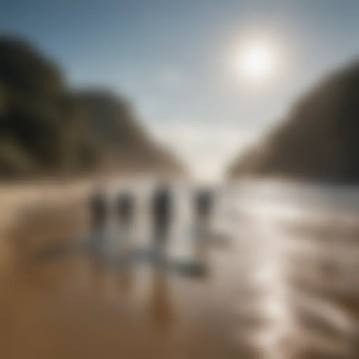 A group of surfers participating in a lesson on the beach