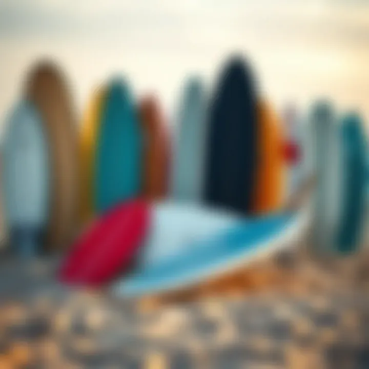Diverse range of skimboards displayed on a sandy beach
