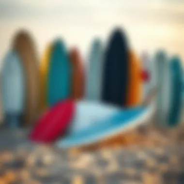 Variety of Fiberglass Skimboards Diverse range of skimboards displayed on a sandy beach