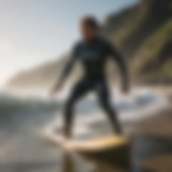 A surfer demonstrating the correct use of a surfboard leash in action