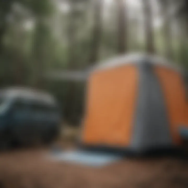 Setup of a portable shower at a campsite