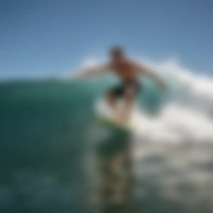 Skimboarder using a traction pad on a wave