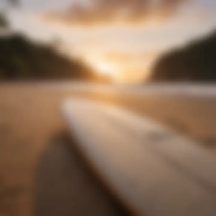 Surfboard resting on the sandy beach at sunset