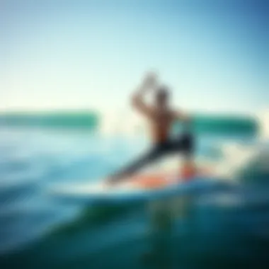 Yoga-inspired breathing exercise on surfboard