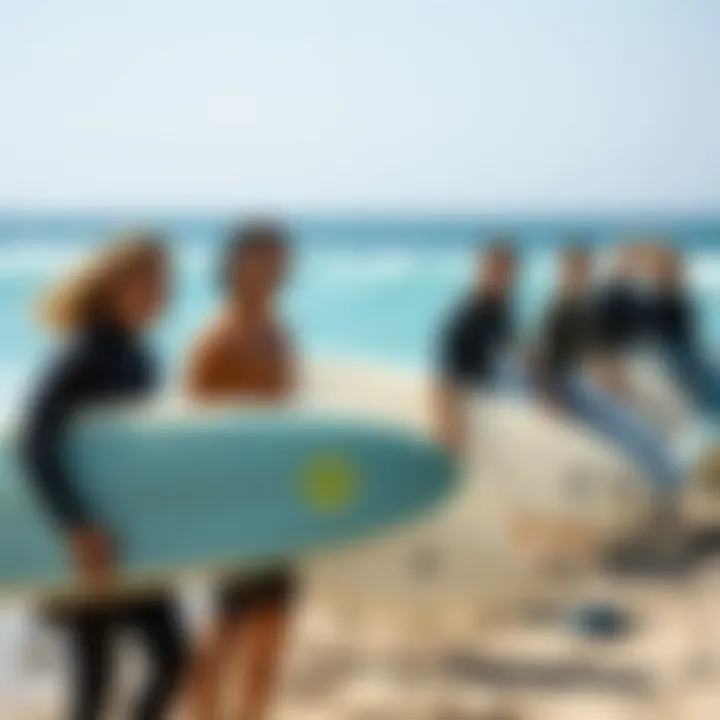 A group of surfers preparing for their lesson