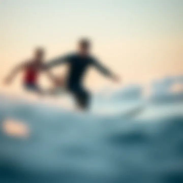 Riding the Calm: Surfers in Harmony Dramatic view of surfers riding calm waves