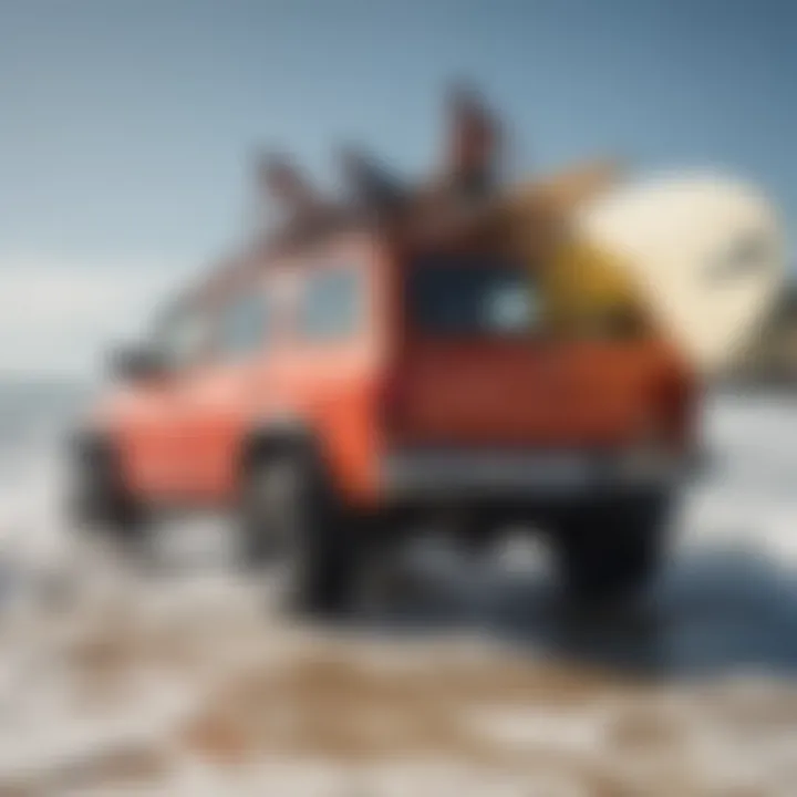 A group of surfers loading their boards into a versatile vehicle, emphasizing community and adventure.