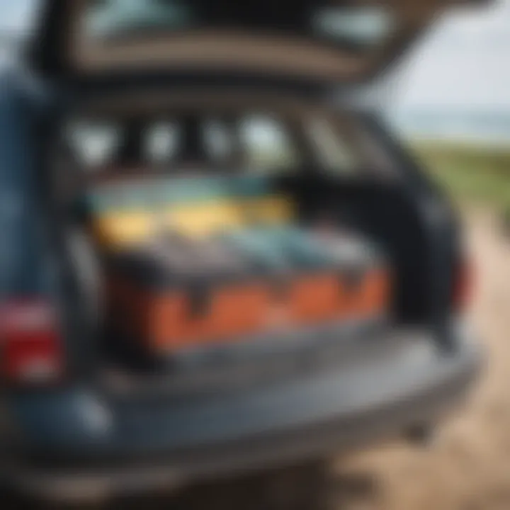 Interior view of a spacious car trunk filled with surf gear, illustrating practicality for surfers.