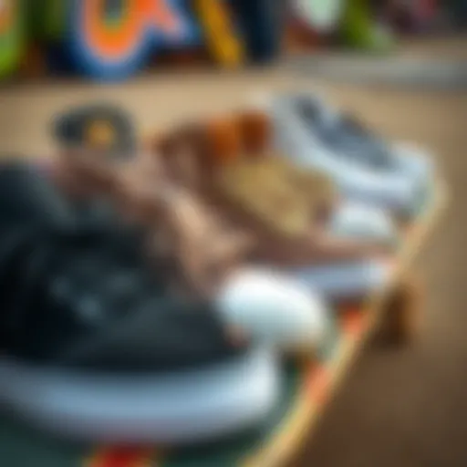 A selection of skate shoes designed for wide feet displayed on a skateboard.