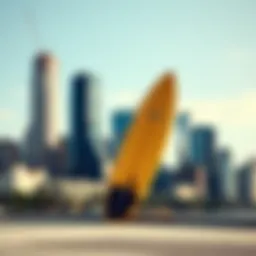 Surfboard leaning against a city skyline