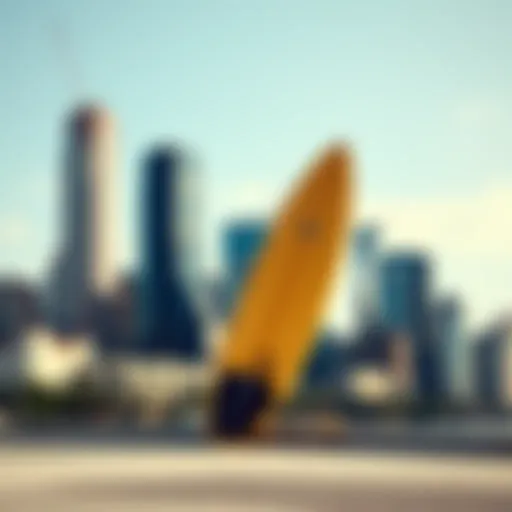 Urban Surfboard Connection Surfboard leaning against a city skyline