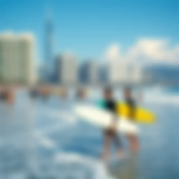 Urban Beach Vibes Surfers enjoying a vibrant city beach