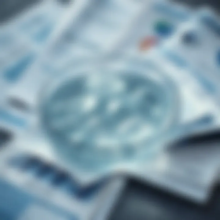 Close-up of a cold water bowl surrounded by clinical research papers