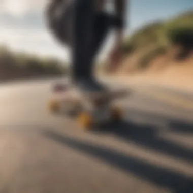 A close-up of skateboard features like trucks and wheels