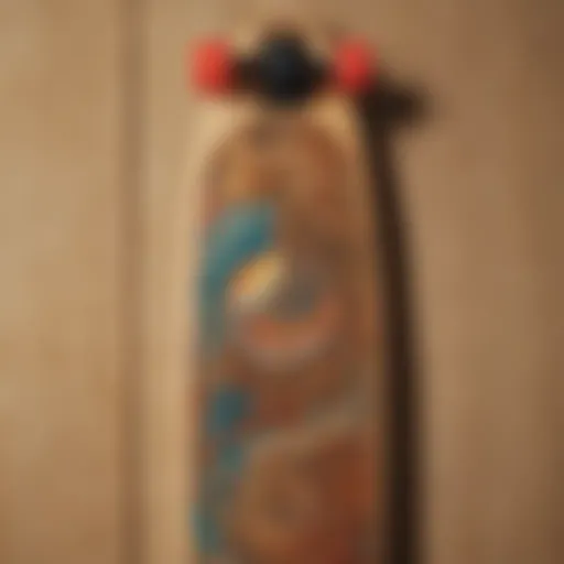 A vibrant longboard displaying intricate artwork on its deck