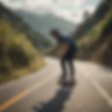 A scenic view of a longboarder riding downhill on a curvy road