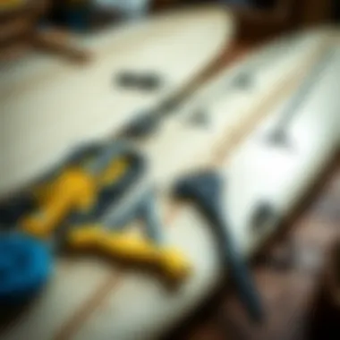 Surfboard maintenance tools arranged neatly