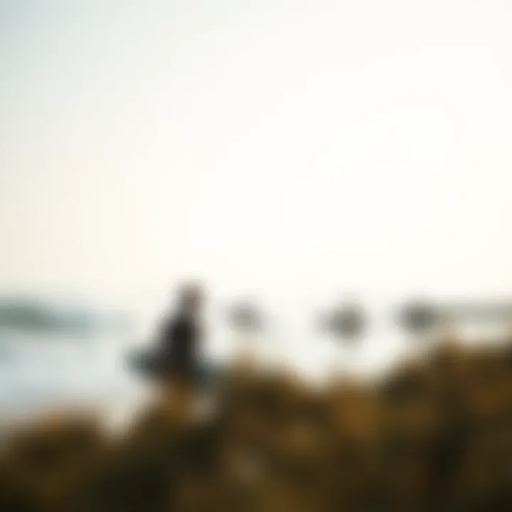 A serene beach scene with surfers practicing etiquette