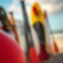 Selection of paddle boarding gear including boards and paddles