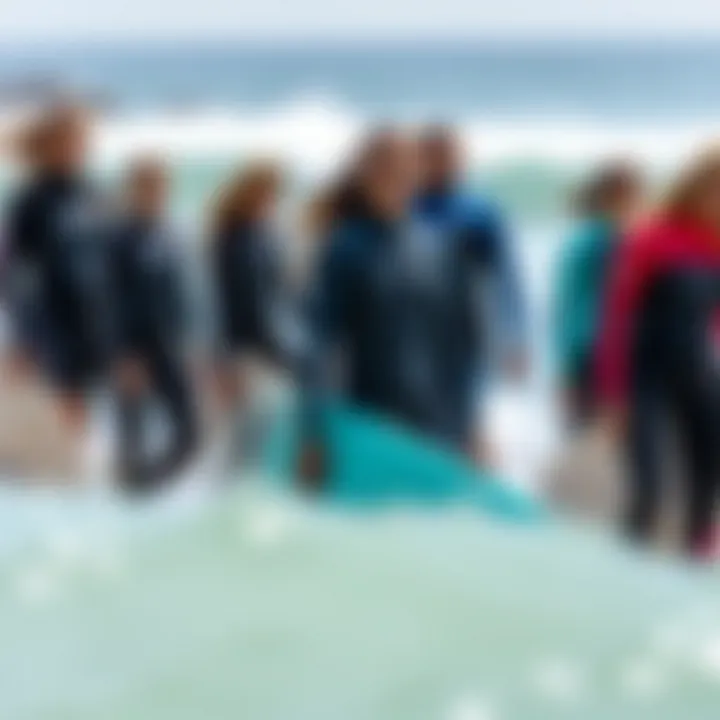 Group of surfers in various wetsuit designs