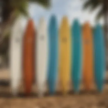 Variety of surfboards displayed on the beach.