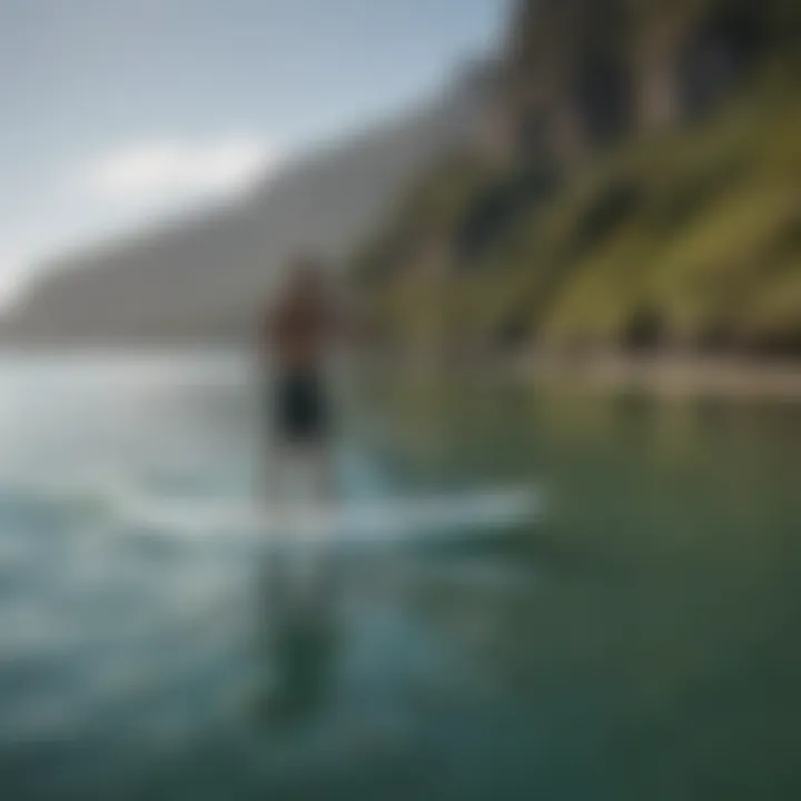 A skilled paddle boarder demonstrating technique on calm waters