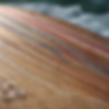 Close-up view of the Costco WaveStorm 8ft surfboard showcasing its vibrant design and texture.