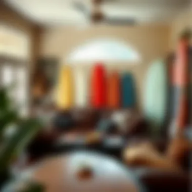A cozy living room filled with surfboards and beach decor