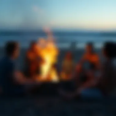 A group of surfers sharing stories around a bonfire