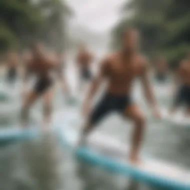 Group of surfers engaging in a fitness class