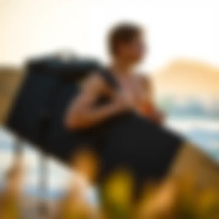 Travel Convenience with Dakine Surfboard Bag Traveler securing the Dakine surfboard bag while at a beach destination