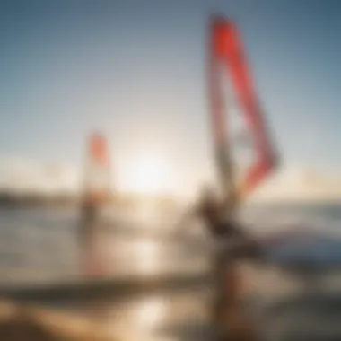 Windsurfing community gathering on the beach with vibrant atmosphere