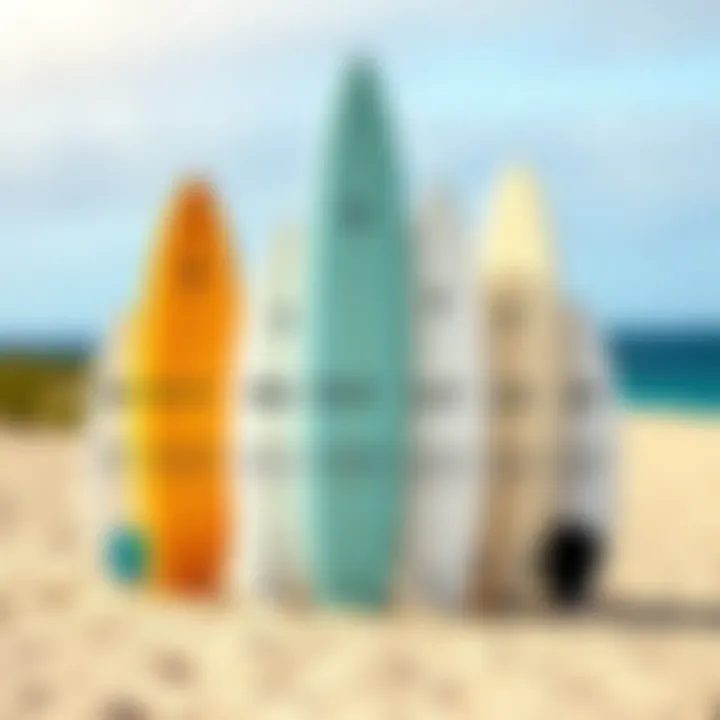 Understanding Surfboard Shapes and Sizes Different surfboard shapes and their characteristics shown on a sandy background