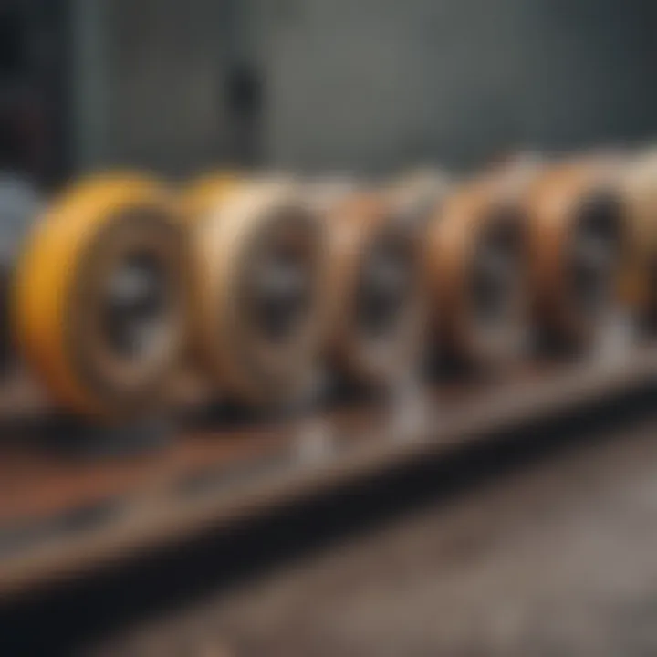 A close-up view of various longboard wheels showcasing different sizes and materials