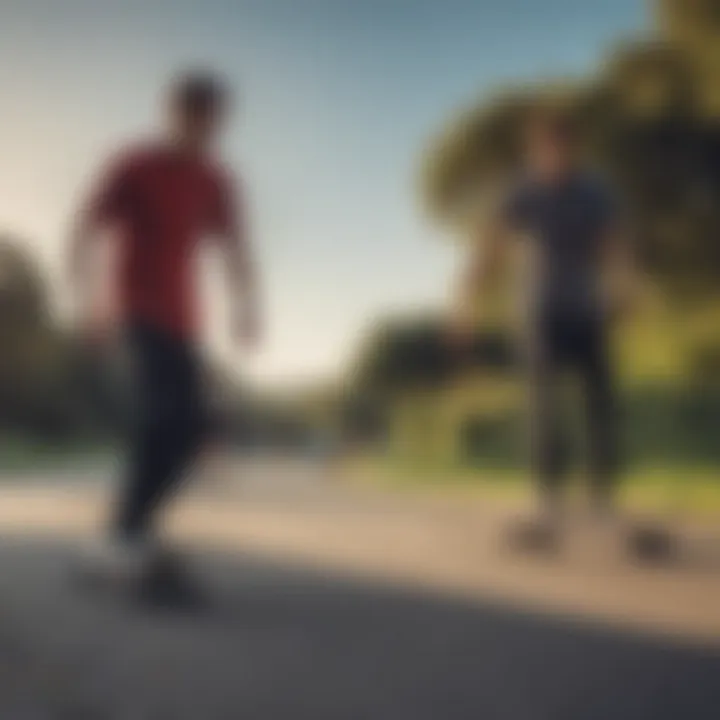 A group of beginners practicing electric longboarding in a park